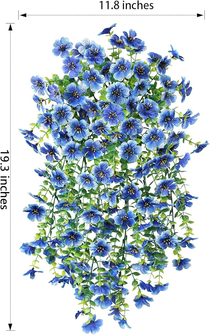 HyeFlora Artificial Flowers for Outdoors Decoration, 2Pcs Blue Fake Hanging Spring Summer Decor, Lifelike Plants, UV & Fading Resistant Flower for Porch Patio Balcony Planter Yard Home Garland
