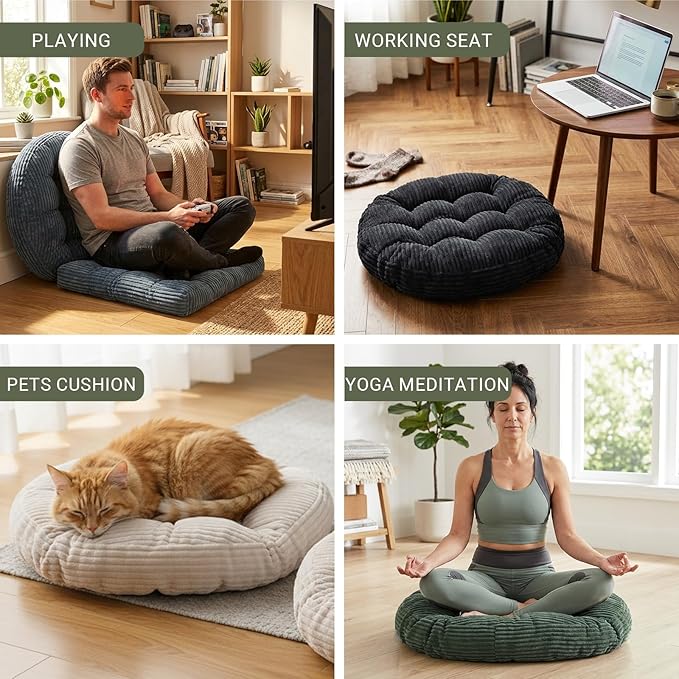 Large Floor Pillow for Adults, 22x22" Memory Foam Floor Cushion with Corduroy Cover, Round Floor Sitting Cushions for Meditation, Lounge,Seating for Yoga, Tatami Living Room (2, Round-Dark Grey)