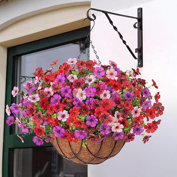 INXUGAO Artificial Silk Flowers Hanging Baskets Outdoors Indoors, Fake Daisy with Eucalyptus Leaves Arrangement for Garden Yard Spring Summer Decor Faux Green Plant(Red Brown Purple Pink)