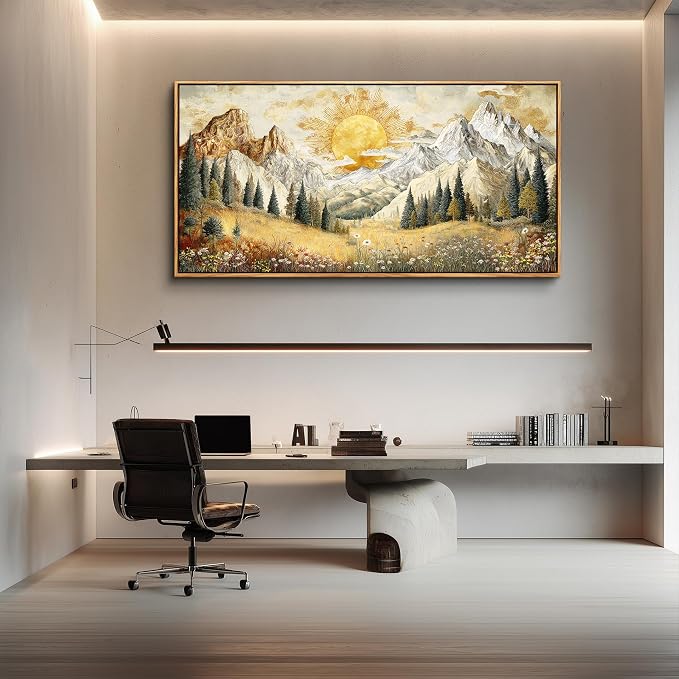 XIGUANGART Framed Large Canavs Wall Art,Mountain Wall Art,Wildflower Forest Art,Modern Farmhouse Decor,Living Room Pictures Paintings,Sunrise Artwork for Walls,Landscape Bedroom Office Decorations