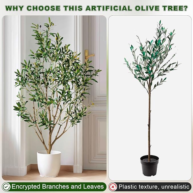 5FT Artificial Olive Tree with Realistic Leaves & Natural Trunk, Faux Silk Olive Plant in White Planter, Tall Fake Tree for Modern Home Office Living Room Entryway Corner Decor, Maintenance Free