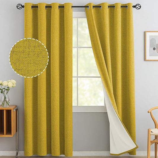 Yakamok Mustard Yellow Linen Curtains 100% Blackout 84 Inches Long,Room Darkening Textured Curtains for Living Room Thermal Grommet Bedroom Curtain 2 Panels with White Liner