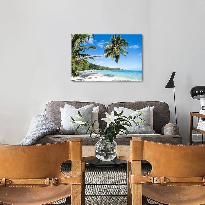 Beach Palm Tree Canvas Wall Art Coastal Wall Decor Nature Landscape Painting for Living Room Bedroom Ocean Seascape Pictures Coconut Palms Poster Modern Artwork Kitchen Office Home Decorations 24x36”