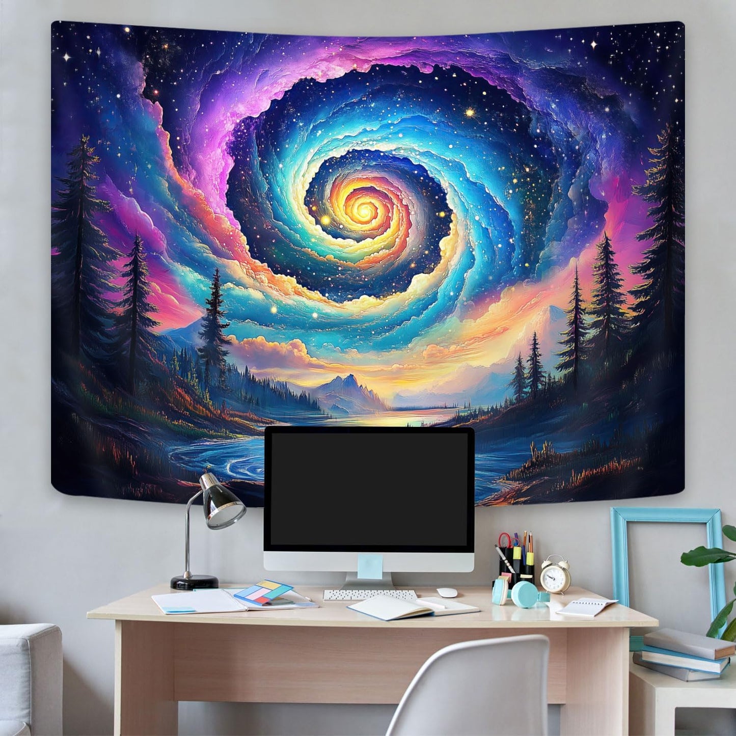 Galaxy Space Tapestry, Cool Colorful Trippy Forest Mountain River Aesthetic Tapestries, Psychedelic Starry Sky Swirls Misty Fantasy Landscape Tapestry Wall Hanging College Bedroom for Guys Men 60X40