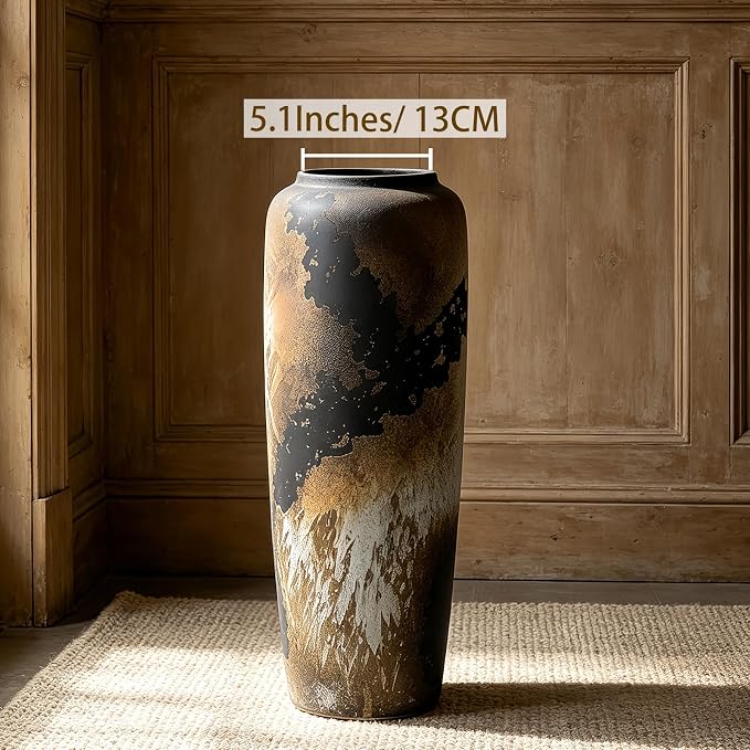 Black Rustic Ceramic Tall Floor Vase, 19.7 Inch Vintage Large Farmhouse Vase Pottery Clay Terracotta Rustic Vases for Home Decor Living Room Entryway Table Centerpieces,Kitchen,Housewarming Gifts