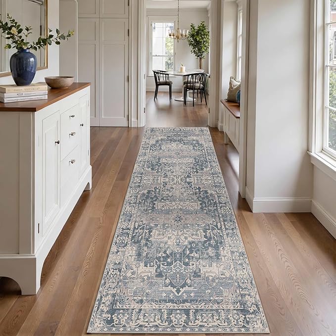 Rugxara 2x6 Runner Rug, Washable Kitchen Rugs, Blue Boho Vintage Floral Hallway Runner, Non Slip Low Pile Area Rug Carpet for Indoor Hallway, Kitchen, Laundry Room and Bathroom(Blue 2x6ft)