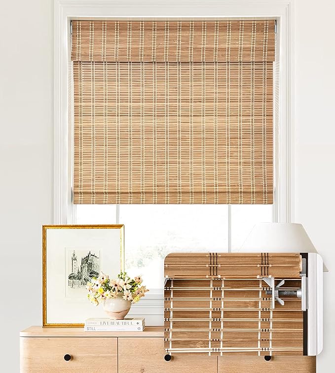 LazBlinds No Tools No Drill Cordless Bamboo Roman Shades, Light Filtering Window Treatment, Roll Up Bamboo Blinds for Windows 25'' W x 64'' H, Brown