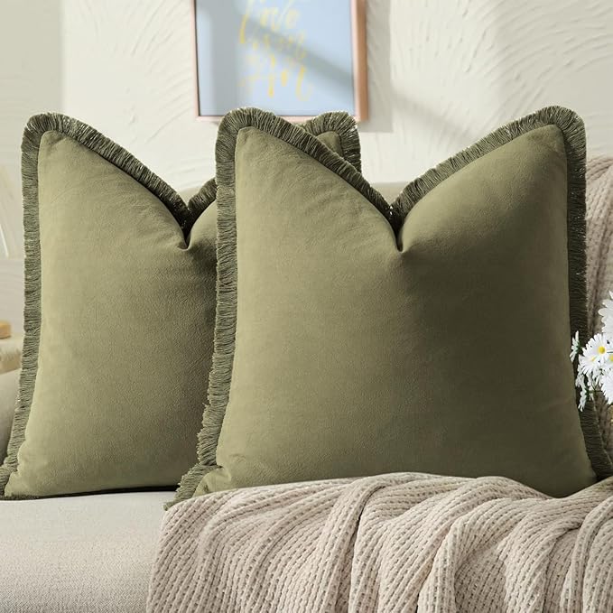 ZWJD Pillow Covers 24x24 Set of 2 Army Green Throw Pillow Covers with Fringe Chic Cotton Decorative Pillows Square Cushion Covers for Sofa Couch Bed Living Room Farmhouse Boho Decor