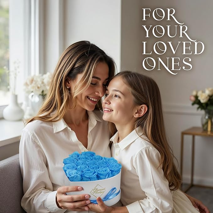 GLAMOUR BOUTIQUE Preserved Roses in a Box - Gifts for Her, Wife & Mom, Rose Flowers Forever Decor for Birthday Gift, Get Well Flower Bouquet Cased in White Box with Cover - Teal - 16 (Color-Treated)