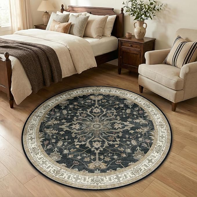 RELEANY Area Rugs Round 4ft Washable Non-Slip, Floral Vintage Distress Print Pattern Medallion Carpet for Living Room Bedroom Dining Room, Vintage Black Brown Neutral