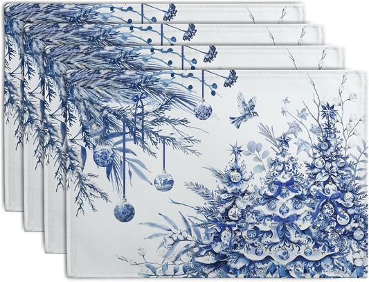 Blue and White Christmas Tree Placemats Set of 4, 12x18 Inch Chinoiserie Xmas Place Mats Winter Holiday Washable Linen Table Mats for Party Kitchen Dining Outdoor Indoor Decor