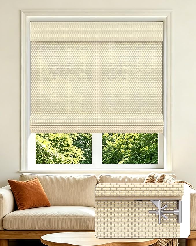 Allesin zen No Drill Cordless Bamboo Roman Shades, Light Filtering 35" W x 64" H, Ivory