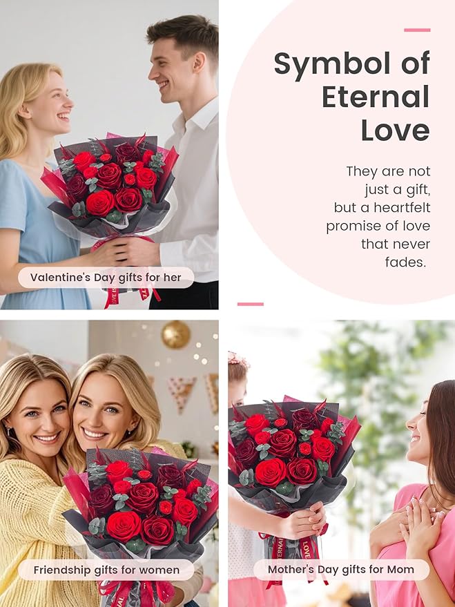 Polylove Flowers for Delivery Prime Forever Flowers Bouquet Preserved Roses Bouquet Flower Gift for Women Wife Mother Day Graduation Birthday (Red, Medium)