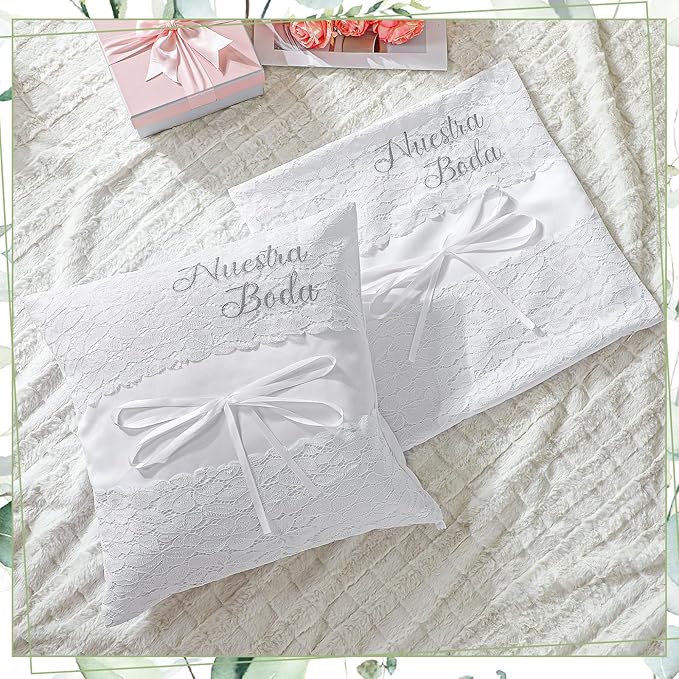 Mixweer 2pcs Wedding Embroidered Kneeling Pillows Nuestra Boda 18 x 18 Inch Embroidered Prayer Pillow Satin and Lace Kneeling White/Silver, Cojines para Boda, Decoracion(18",with 2 Pillows)