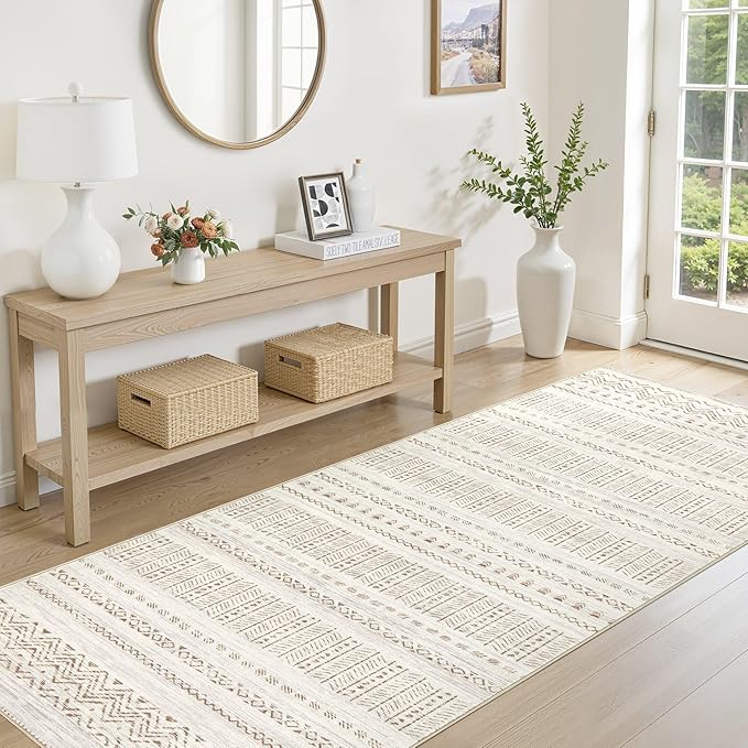 cotiled Washable 3x8 Runner Rugs: Washable Boho Rugs with Non Slip Backing Large Soft Indoor Stain Resistant Carpet for Living Room Bedroom Farmhouse Dining Room Lightweight Home Decor Brown/Cream