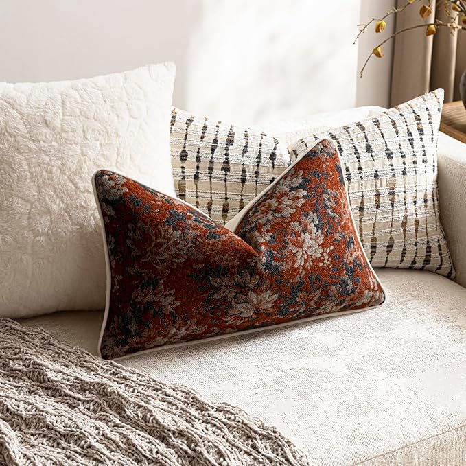 DEZENE Pack of 2 Vintage Floral Pillow Covers 12x20 Boho Farmhouse Accents Chenille Rectangular Lumbar Decorative Throw Pillow Cases for Living Room Couch Bed Home Decor, Rust