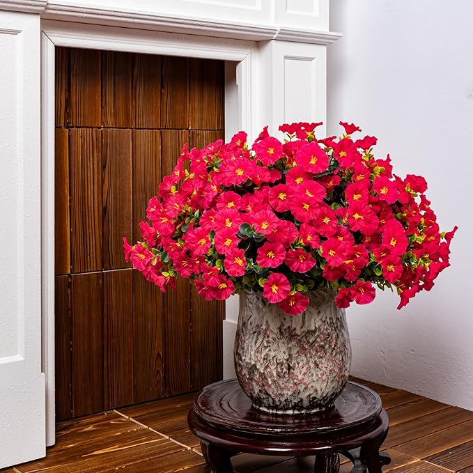 Nigirior Artificial Faux Flowers for Outdoor 16 Bundles Boxwood Fake Morning Glory for Planter,UV Resistant Fake Flowers for Home Porch Patio Outside（Rose Red）