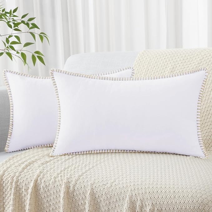 decorUhome Summer Chenille Soft Cozy Throw Pillow Covers 12x20 Set of 2, Modern Farmhouse Boho Velvet Decorative Pillow Cases with Stitched Edge for Couch Sofa Bed Home Decor, White