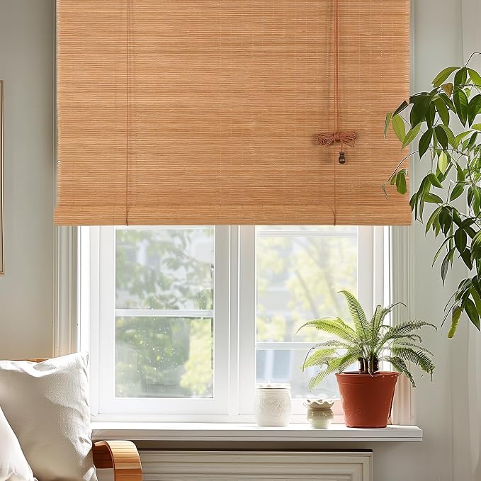 Outdoor Bamboo Roller Blinds Shades, Vertical Lifting and Breathable Waterproof Design, Sun Shade, Blackout and Ventilation, Easy Installation,24" W×64" H