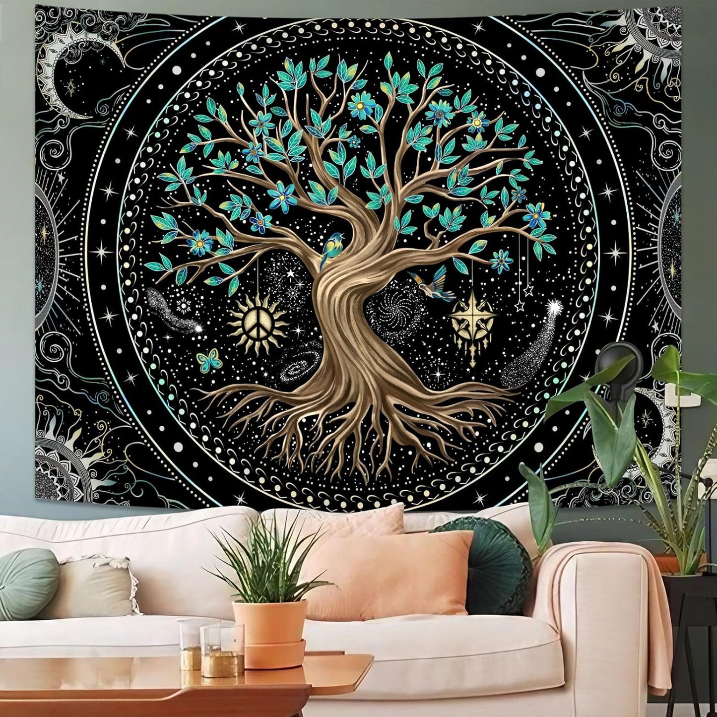 Lunerfex Tree of Life Tapastry Butterfly Moon Tapastry Flower Green Tree Tapestries Mandala Wall Hanging for Bedroom and Living Room Decor 44×60 Inches