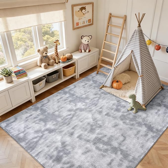 FinRèc 6x9 Washable Area Rugs for Bedroom Living Room, Low Pile Thin Ultra Soft Shag Rug, Non-Slip Carpet Indoor for Home Decor (Tie-dye Grey)
