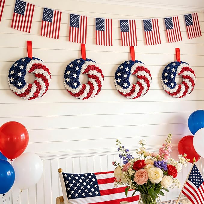 Idyllic 2 Pcs Patriotic Wreaths, 10 Inch 4th of July Decorations with Red White Blue Roses & Stars - Independence Day Wreaths for Front Door, Double Pack Holiday Decor