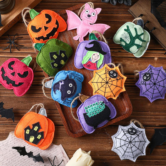 12 Pcs Halloween Felt Ornaments Spooky Pumpkin 3D Hanging Ornaments 3.15 Inch Spider Web Bat Tree Felt Decorations for Tree Halloween Party Decor
