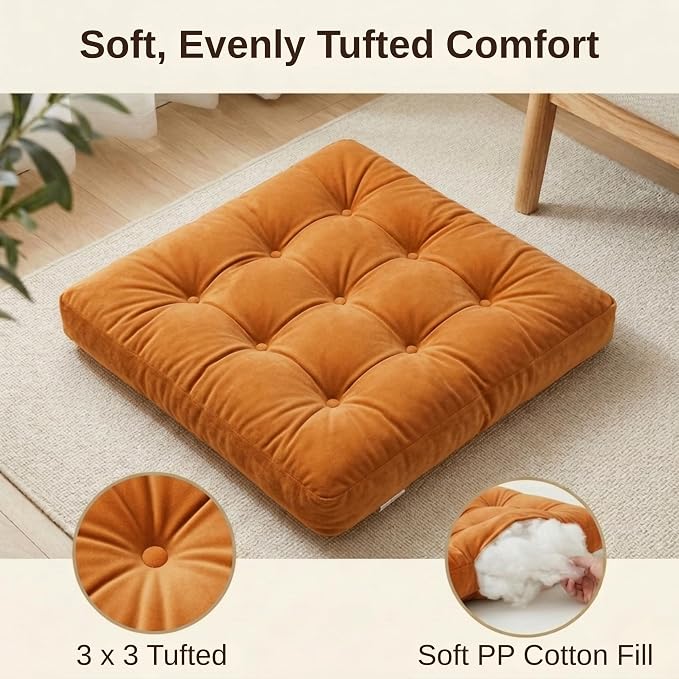 Floor Pillows for Adults Set of 2, Soft Velvet Floor Cushions for Sitting, Square Tufted Floor Pillow Set for Reading Nook, Living Room, Bedroom, 22 x 22 Inch, Orange