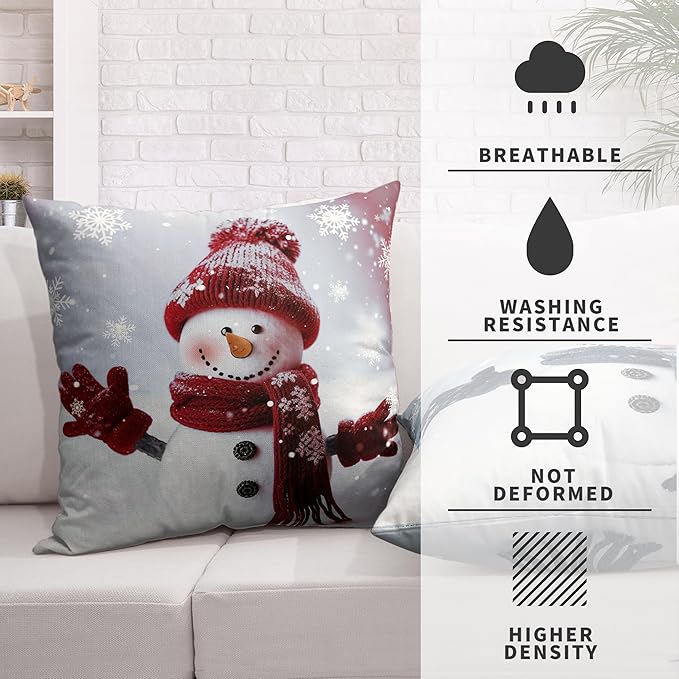 Navy Blue and Red Snowman Pillow Covers Winter Holiday Throw Pillow Covers 16x16 Set of 2 Cotton Linen Pillow Case for Christmas Decorations Living Room Sofa