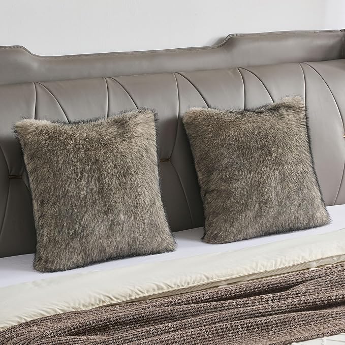 FUTEI Pack of 2 Faux Raccoon Fur Plush Throw Pillow Covers 18x18 Inch Soft Fluffy Farmhouse Decorative Cushion Case Modern Luxury Accent for Couch Bed Living Room, Gray Green
