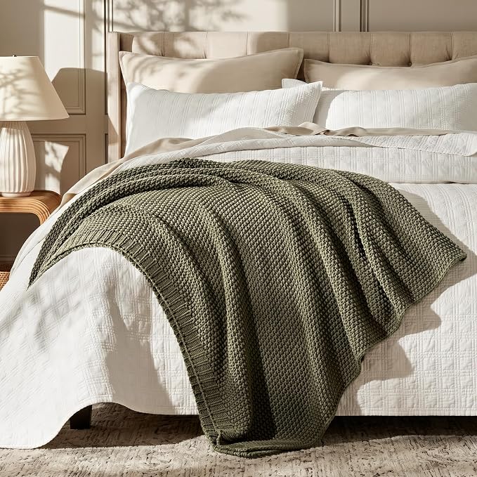 EverGrace Organic Cotton Chunky Knit Throw Blanket, 50 x 60 Olive Green | OCS Certified Organic Cotton, Seed Stitch Knit, Soft & Breathable, Cozy Midweight, Decorative Throw for Couch, Bed & Sofa