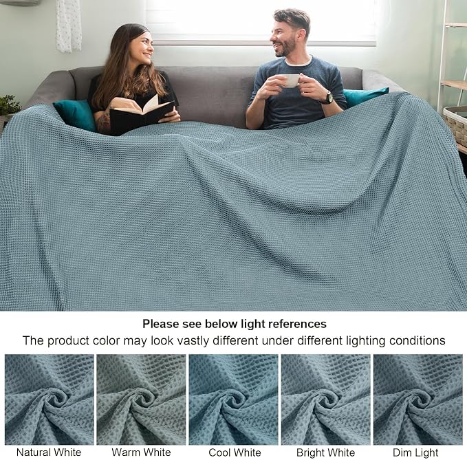 PHF 100% Cotton Waffle Weave Family Blanket Oversized King 120"*120", Pre-Washed Lightweight Breathable for Spring Summer, Machine Washable,10'x 10' Huge Extra Large Big, Home Decoration Gift - Ocean