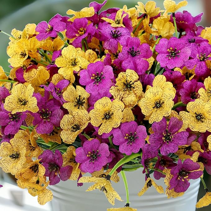 Geegoods Artificial Mums Flowers for Outdoors, 16 Bundles UV Resistant Fake Plastic Purple and Yellow Flowers for Patio Porch Spring Summer Decor