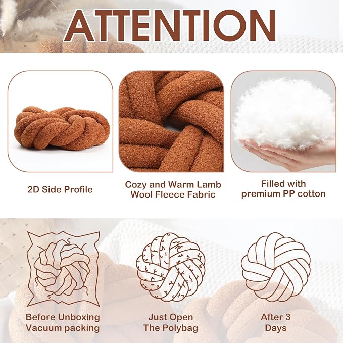 Marsui 2 Pieces Knot Ball Pillows 14 x 14 Inch Decorative Pillow for Couch Bedroom Plush Throw Knot Pillow Soft Handmade Chair Cushion for Living Room Car Decorations (Caramel)