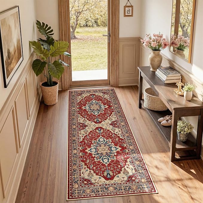 RELEANY Area Rugs 2'x6' Runner Rug Non Slip Washable for Kitchen Hallway Bedroom Beside Laundry Room Bathroom Rug, Floor Carpet, Red Blue