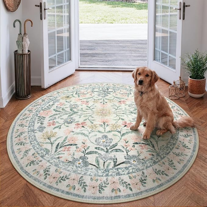 Wonnitar Round Washable Rug, Soft Floral Round Rugs 5ft Circle Carpets for Bedroom Ultra-Thin, Boho Beige Print Distressed Circular Carpet for Living Room Dorm Bedside