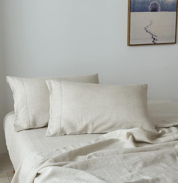 Simple&Opulence 100% Linen Pillowcase with Hand Drawing Hemstitch Pillow Cover Queen Size Set of 2 Soft and Durable (Linen, 20''x30'')