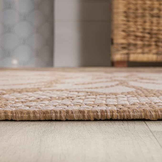 JONATHAN Y Floral Textured Weave Indoor Outdoor Round Area Rug 4 Ft Brown/Cream, Zinnia Modern for Backyard, Patio, Porch, Easy-Cleaning, High Traffic, Pet-Friendly, Non-Shedding (SMB110I-4R)