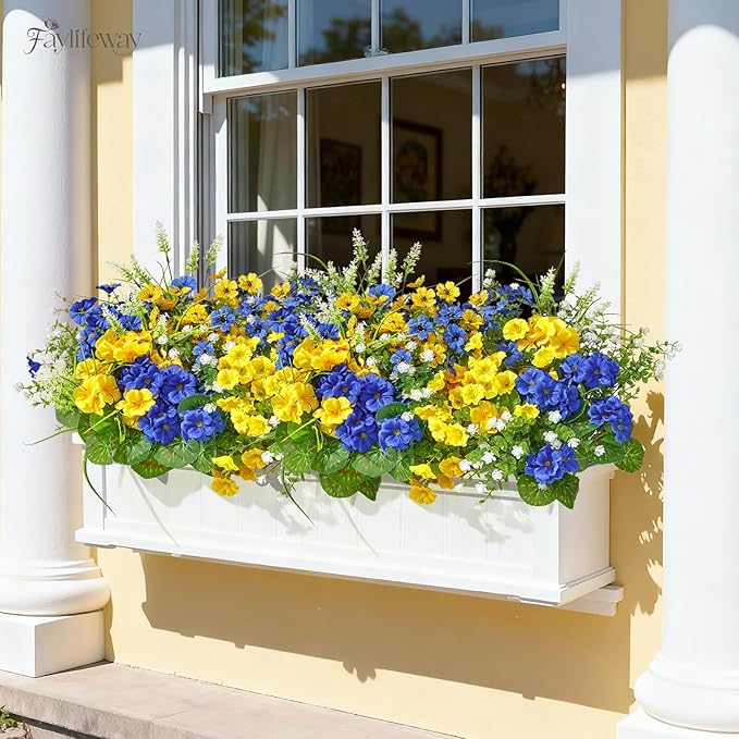 16 Bundles Artificial Flowers for Outdoors, UV Resistant Silk Faux Flowers for Outside Planters,Garden,Porch,Patio,Yard,Home Decor(Blue&Yellow)