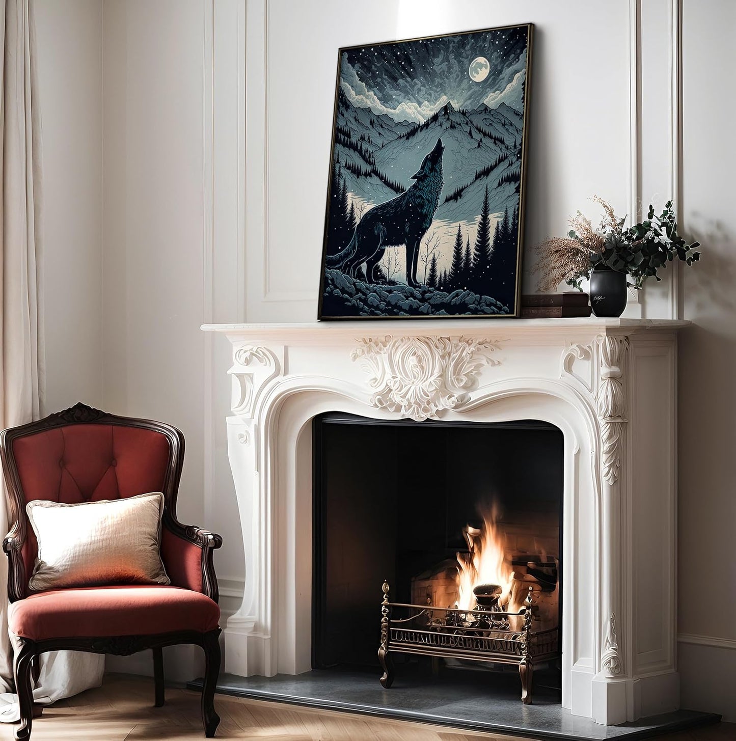 Poster Master Vintage Illustration Poster - Retro Animal Print - Gift for Artist, Friend - Wolf Howling at the Moon, Mountain, Snow, Landscape - Wall Decor for Home, Office, 24x32 Unframed Wall Art