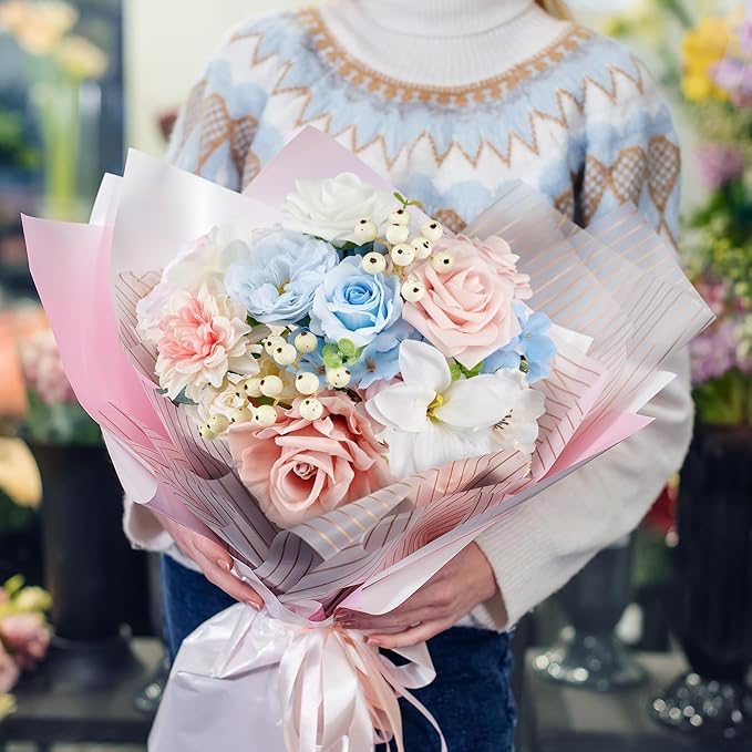 Artificial Flowers Combo Box, 39PCS Fake Flowers, Silk Flower Mix with Wire Stem, DIY Wedding Bridal Bouquet for Arrangement, Shower Party Home Décor, Soft Pastel Mix