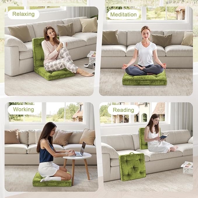 Meditation Floor Cushion, 22x22 Tufted Floor Pillow for Adults, Square Large Meditation Cushion Pillow, Corduroy Sitting with Handle, Yoga Seating for Tatami, Light Green,1Pack