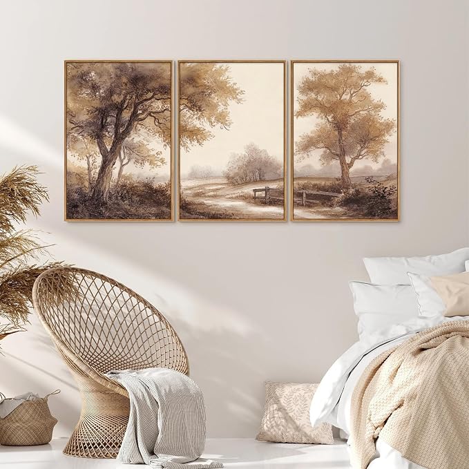 Rantodecor Vintage Landscape Framed Canvas Wall Art Triptych, Rustic Tree Sketch Wall Decor, Large Claming Nature Forest Art Paintings, Modern Relax Farmhouse Artwork for Bedroom Living Room 16"x24"x3