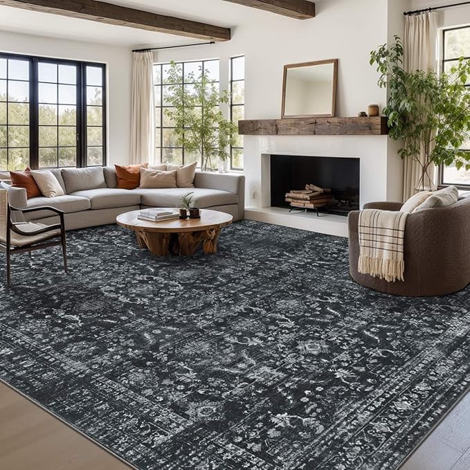 Rugxara 9x12 Area Rugs for Living Room Bedroom, Large Washable Rug, Black Vintage Floral Boho Rug, Non Slip & Low Pile Faux Wool Thin Carpet for Indoor Dining Room and Kids Room(Black 9x12ft)