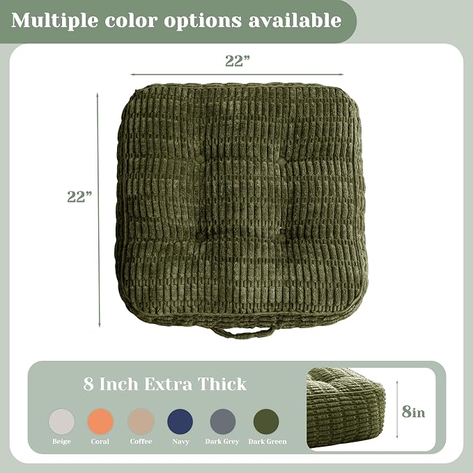 HIGOGOGO 8" Floor Pillow Cushion for Adults, Meditation Cushion Pillow, Blended Corduroy Cover, Large Square Floor Sitting for Tatami Living Room or Yoga, 2Pack, Dark Green