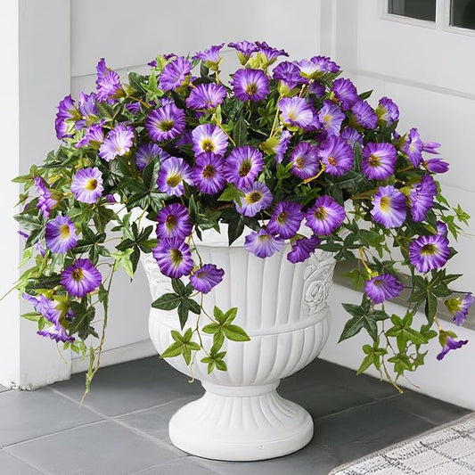Artificial Fake Flowers Hanging Plants for Outdoor Spring Summer Decor, 2Pcs Faux Petunias Realistic Flowers Silk Morning Glory UV Resistant No Fade for Home Outside Garden Patio Yard Porch(Purple)