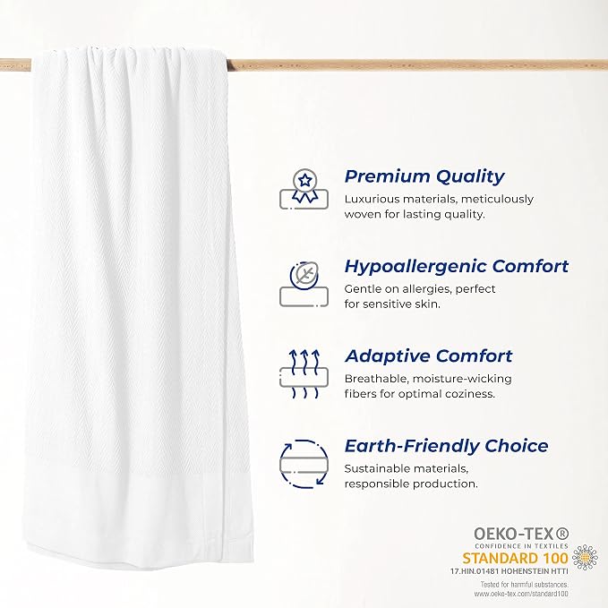 THREAD SPREAD 100% Pure Cotton, Luxury King/California King Size White Blanket - Herringbone Pattern, Soft & Cozy Premium Fall Throw Blanket for All Seasons, 350 GSM & 106 x 92 with Free Tote Bag