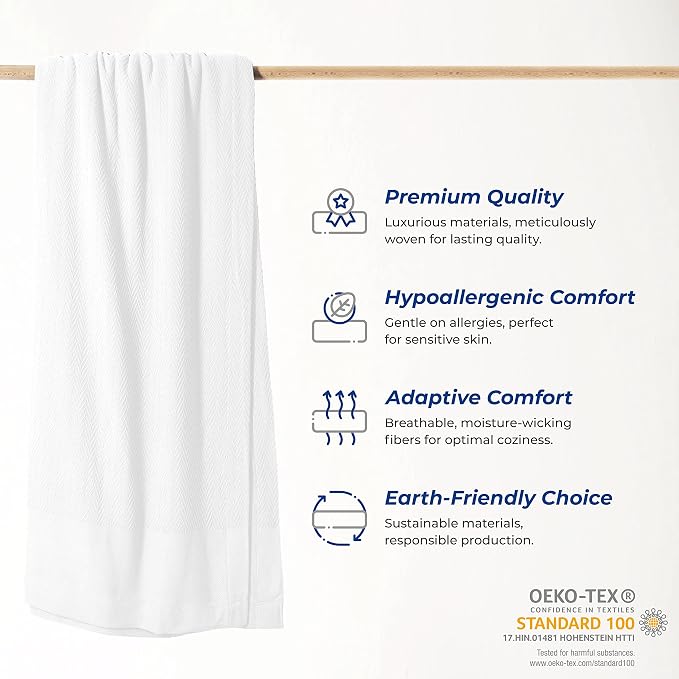 THREAD SPREAD 100% Pure Cotton, Luxury Twin/Twin XL Size White Blanket - Herringbone Pattern, Soft & Cozy Premium Fall Throw Blanket for All Seasons, 350 GSM & 68 x 92 with Free Tote Bag
