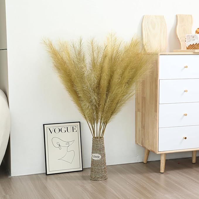 Wertuirk Gold Pampas Grass Decor - 45-Inch Set of 8 | Faux Tall Pampas Grass Soft and Fluffy | Perfect for Wedding Centerpieces, Great Gatsby Party Decorations and Glam Room Decor