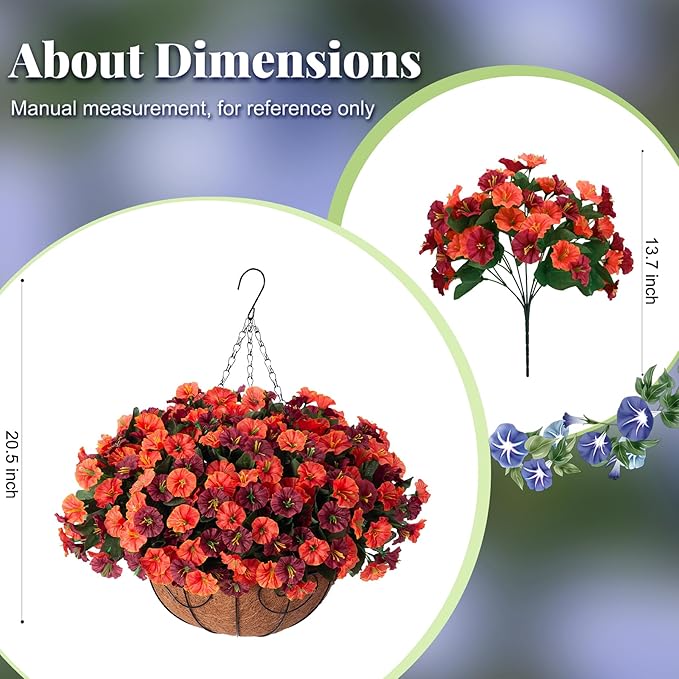 Ammyoo Artificial Hanging Flowers with Basket, Faux Silk Petunias Flower Arrangement, Coconut Lining with Morning Glories Fake Plants Patio Garden Porch Deck Spring Summer Decor(Orange Brown)